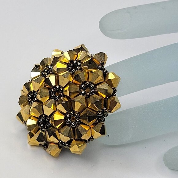 Gold Sparkling Crystal Ring Cluster Ring Glitter Bicone Beads Stretch Ring - Picture 1 of 10
